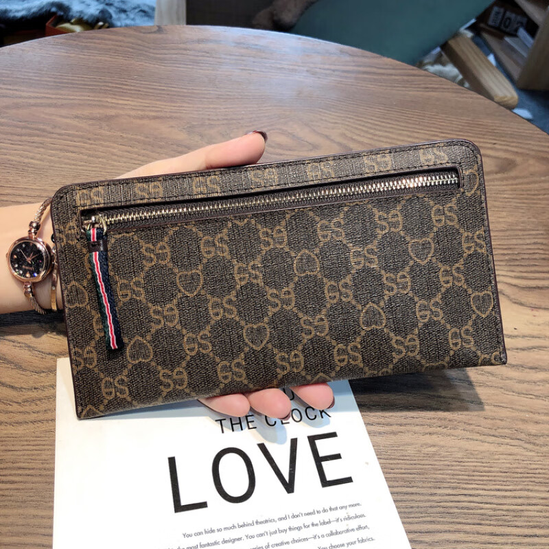 Chanel Xiaoxiang European and American classic print unisex PU wallet women's thin long wallet zipper coin purse women's clutch brown 3 card slots medium size small mobile phone