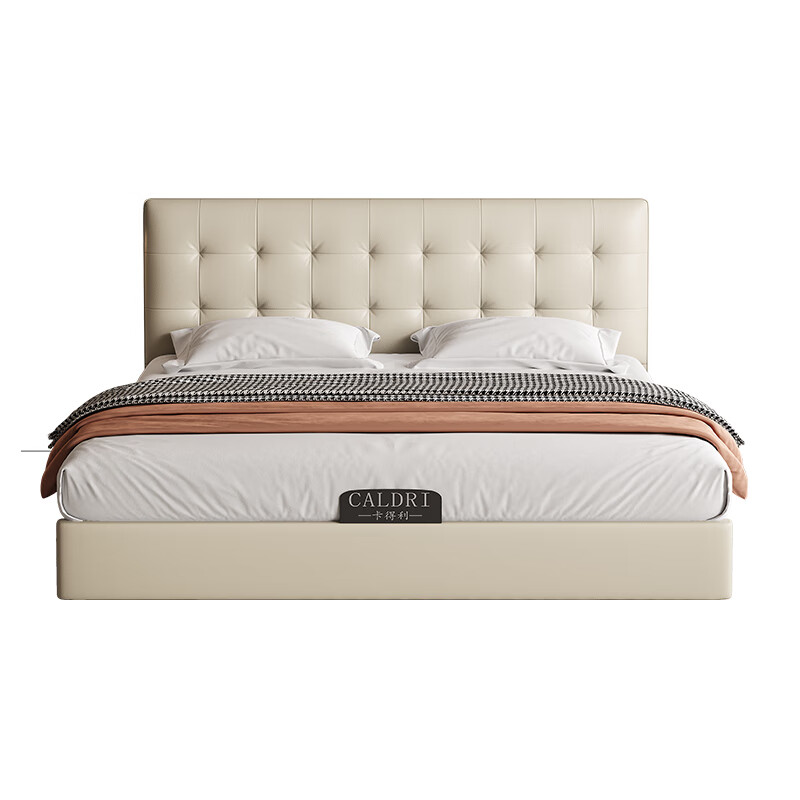 Kaderi waffle bed cream style French medieval retro style thin bed headboard leather bed small apartment storage double bed beech wood rib frame Victory series single bed frame structure 1800mm*2000mm