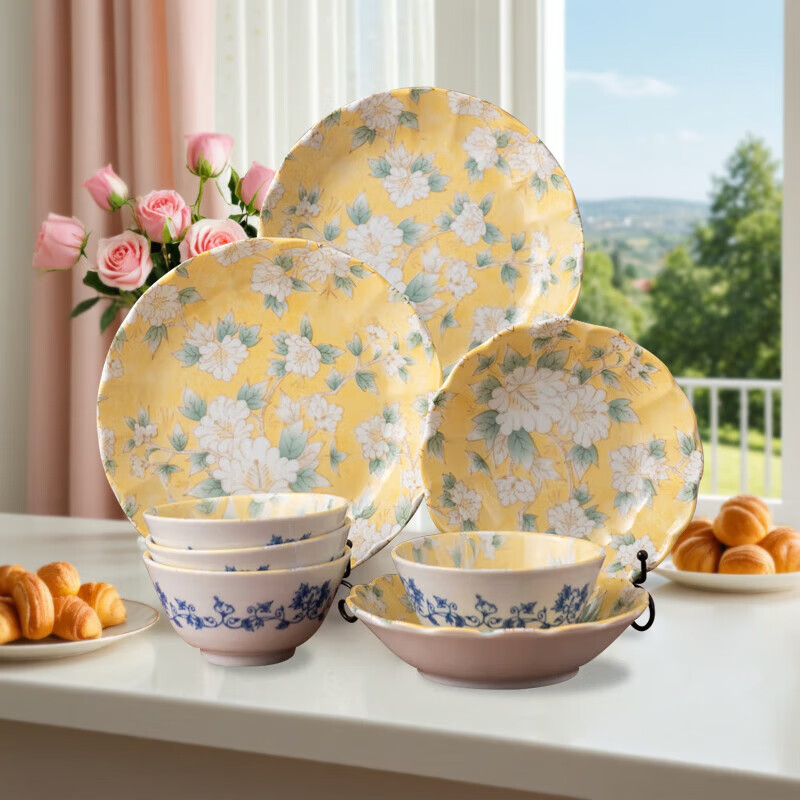Mino Yaki Japan imported hibiscus bright yellow 8-piece ceramic tableware set household bowl and plate combination underglaze color high appearance Hibiscus bright yellow 8-piece set