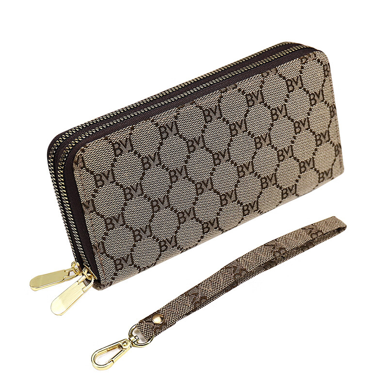 Chongsukei small&ck long wallet women's 2025 new jacquard Valentine's Day fashion double zipper clutch bag mobile phone bag jacquard brown