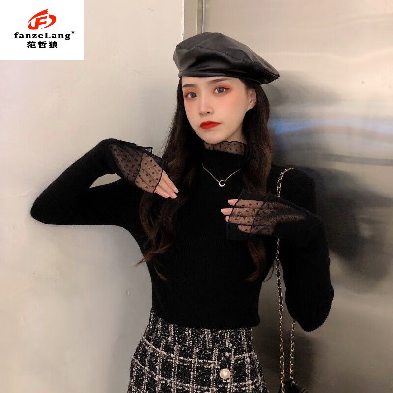 FANZELANG bottoming shirt with autumn and winter lace half-turtleneck sweater for women, winter design, niche, western and fashionable, white picture, thick style M