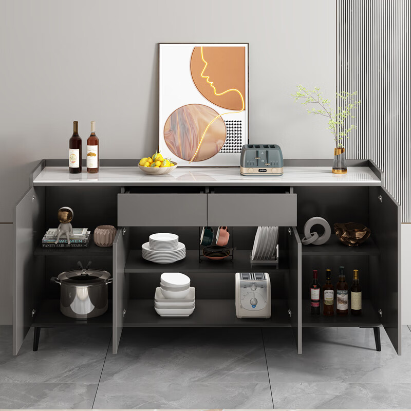 Wen Yijia customized sideboard modern minimalist living room wine cabinet tea cabinet kitchen storage cabinet storage cabinet cabinet slate new Chinese style walnut color 120cm three-door model snow mountain white rock