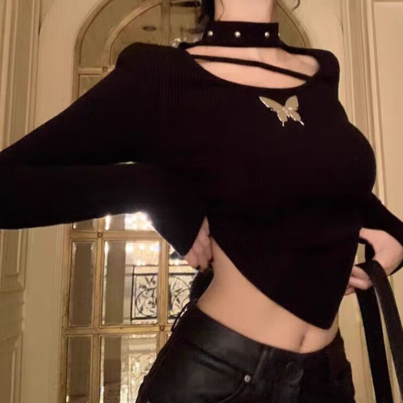 Yi Xin winter bottoming shirt for women, long-sleeved T-shirt to wear as outerwear, high-end knitted sweater 2026 new style for small people, slimming, black, metal butterfly, irregular long sleeves, M. Recommended weight is about 80-100 kilograms