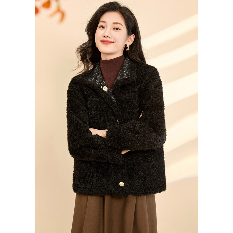 Kebei's double-sided Xiaoxiangfeng woolen coat for women winter new style plus velvet thickened plush short top black M