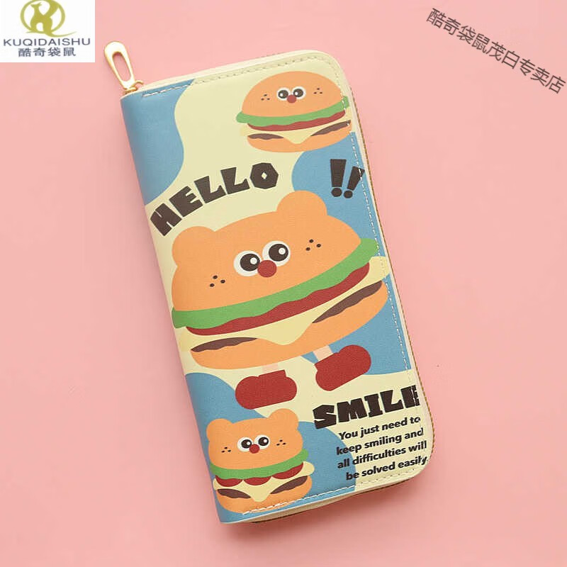 Kuqi Kangaroo (KUQIDAISHU) Italian craft ladies student long zipper cartoon cute wallet multi-card slot coin purse large capacity mobile phone long wallet open burger