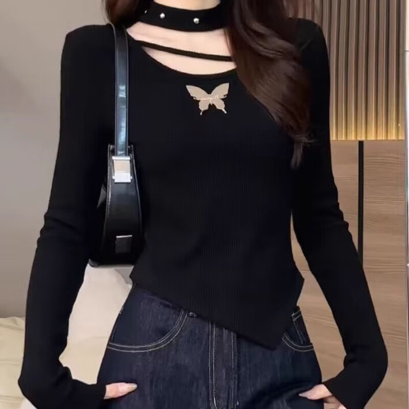 Yi Xin winter bottoming shirt for women, long-sleeved T-shirt to wear as outerwear, high-end knitted sweater 2026 new style for small people, slimming, black, metal butterfly, irregular long sleeves, M. Recommended weight is about 80-100 kilograms