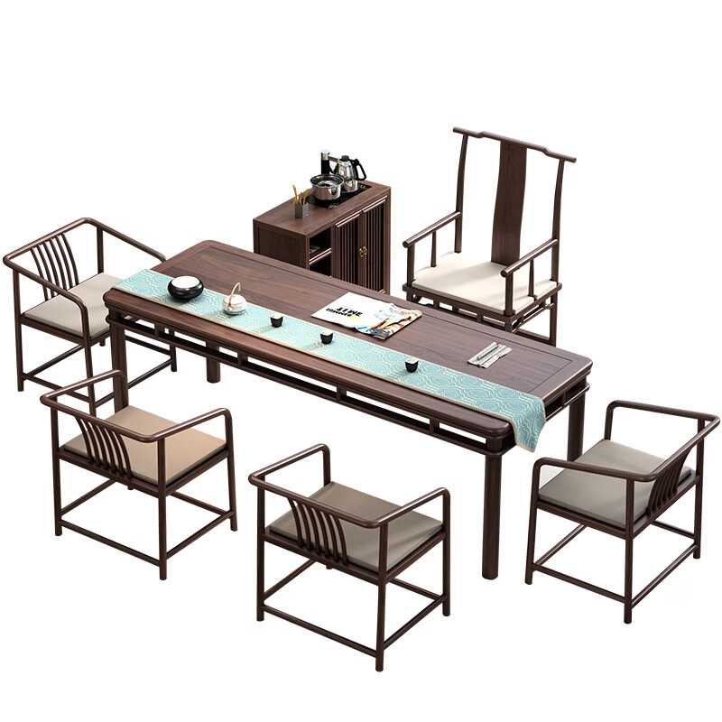 Black walnut tea table and chair combination, new Chinese style solid wood Zen office tea table, simple modern tea room coffee table 160+4 comb backs+main chair (ash wood) fully equipped