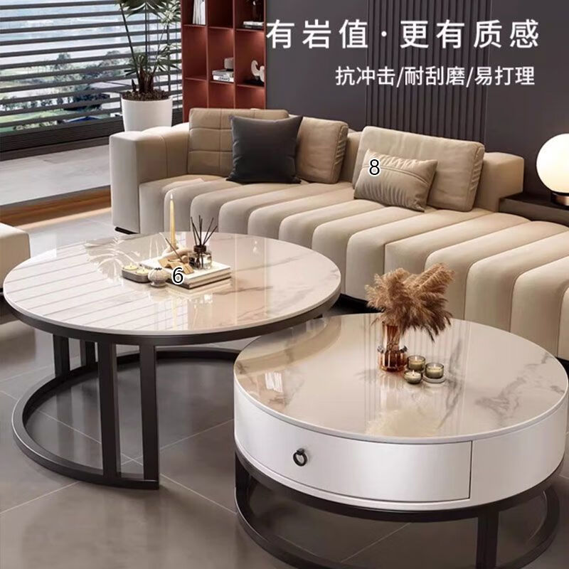 Yusenyi Xinjiang free shipping slate living room home 2025 new small apartment round glass light luxury simple combination coffee table black frame gray cabinet 50 gloss snow mountain white + 70 gloss snow round combination coffee table 卄9mm high gloss slate tabletop