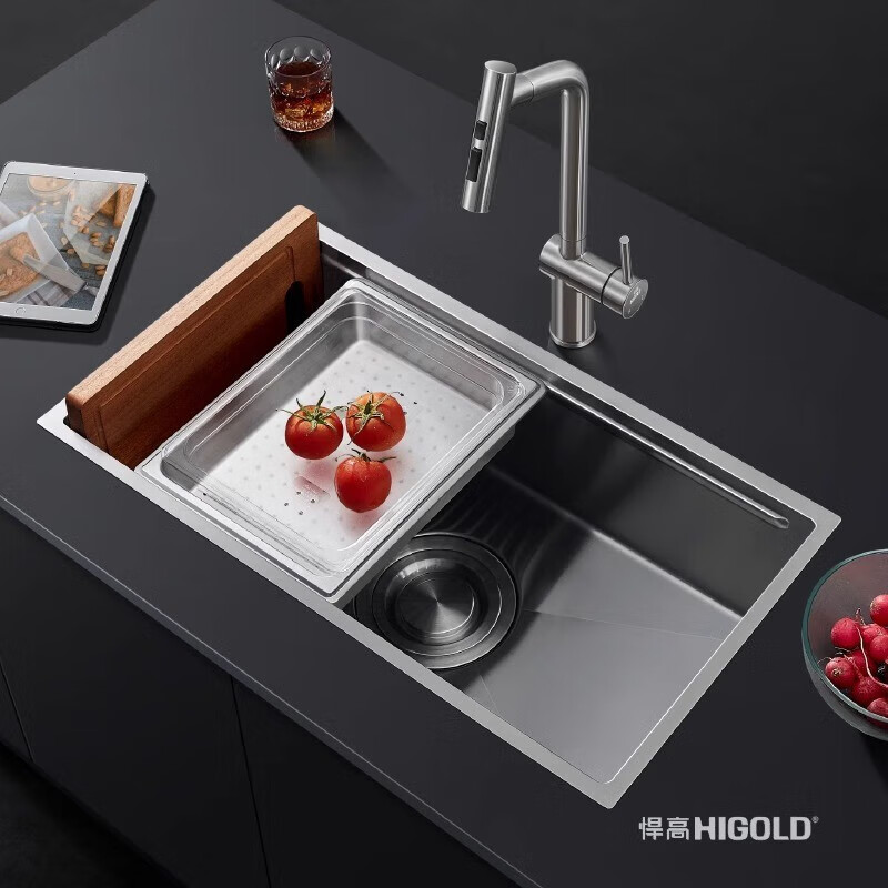 HIGOLD sink large single tank double step basin middle basin black titanium nano SUS304 stainless steel dishwashing sink menu basin BL920255F 800-470