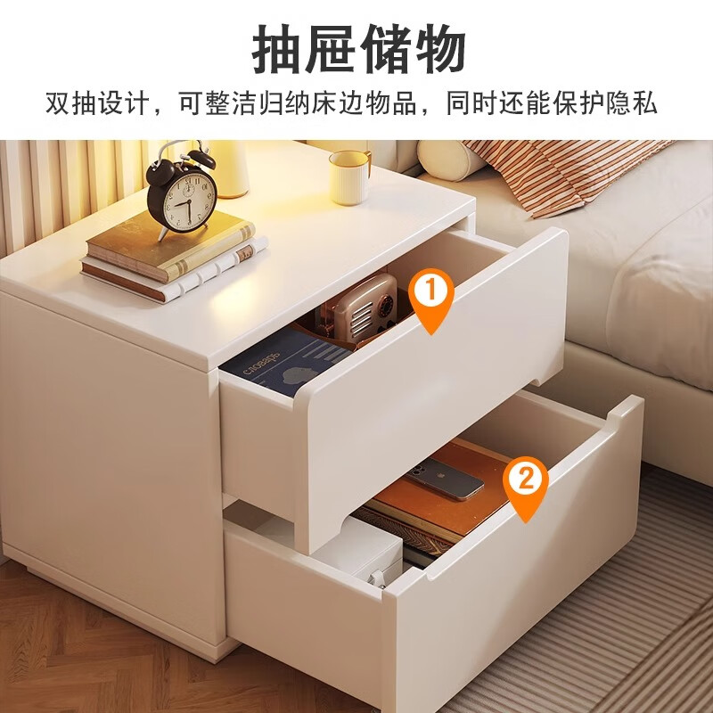Xiule solid wood ecological board bedside table home bedroom bedside storage rack 2024 new light luxury high-end storage cabinet solid wood ecological board double pump cream white 40cm