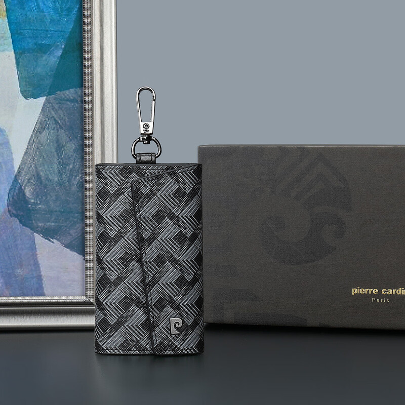 Pierre Cardin classic printed key bag car key bag waist hanging multi-functional household small bag unisex gift boyfriend PVC gray black 110*64*20 mm