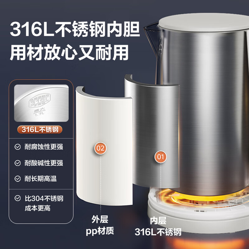 SUPOR 1.7 liter large capacity electric kettle kettle boiling kettle electric kettle boiling kettle household intelligent multi-functional seamless liner 316L stainless steel SW-17E05L
