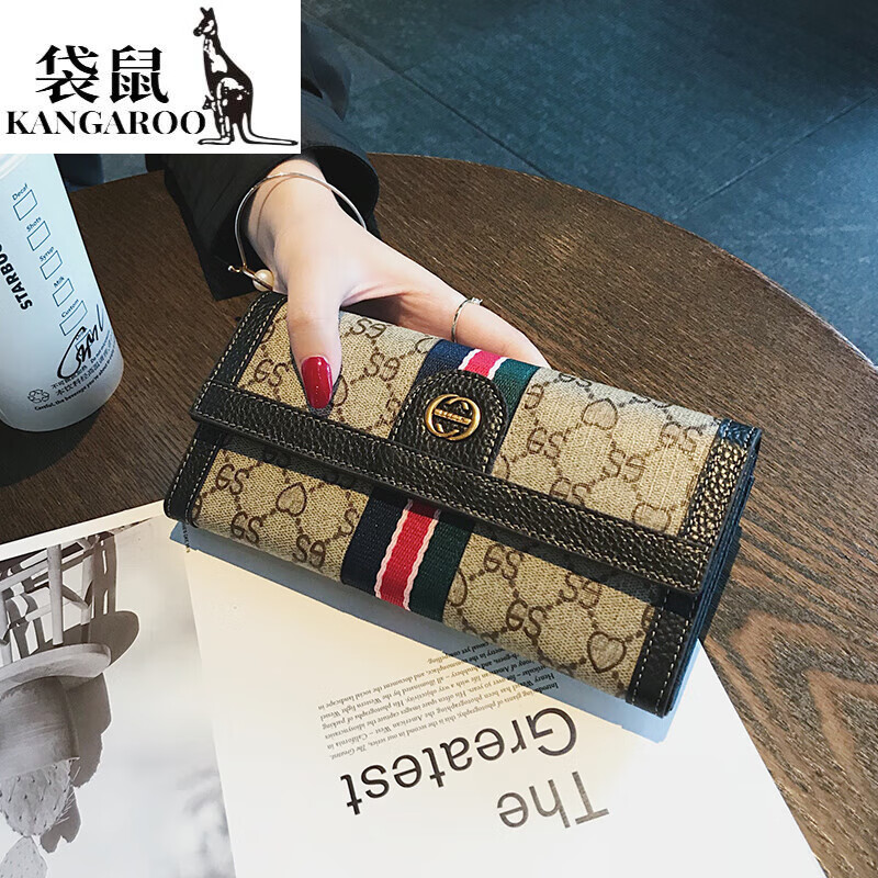 Kangaroo (KANGAROO) luxury (chi) long hand wallet women's soft cowhide large capacity wallet for mobile phone multi-function card holder trendy gray