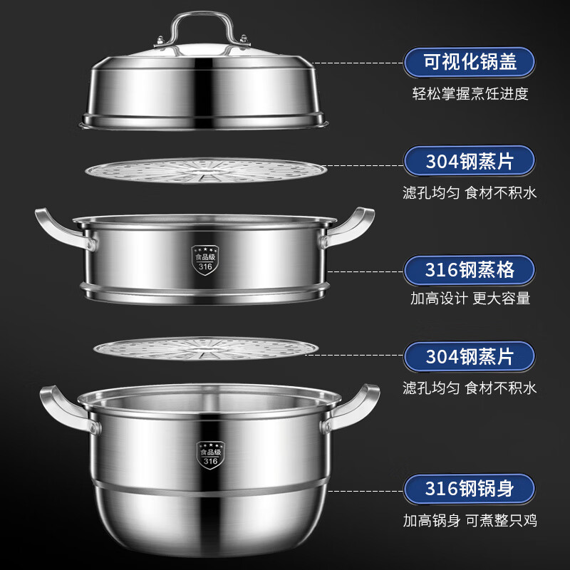 Fat Donglai's same style steamer extra thick and high 316 stainless steel thickened double three or four layers household soup pot one-piece molded thickened 36 three layers (1 pot + 2 steaming sheets + 1 steaming grid 1cm 10-year warranty, one-piece molding)