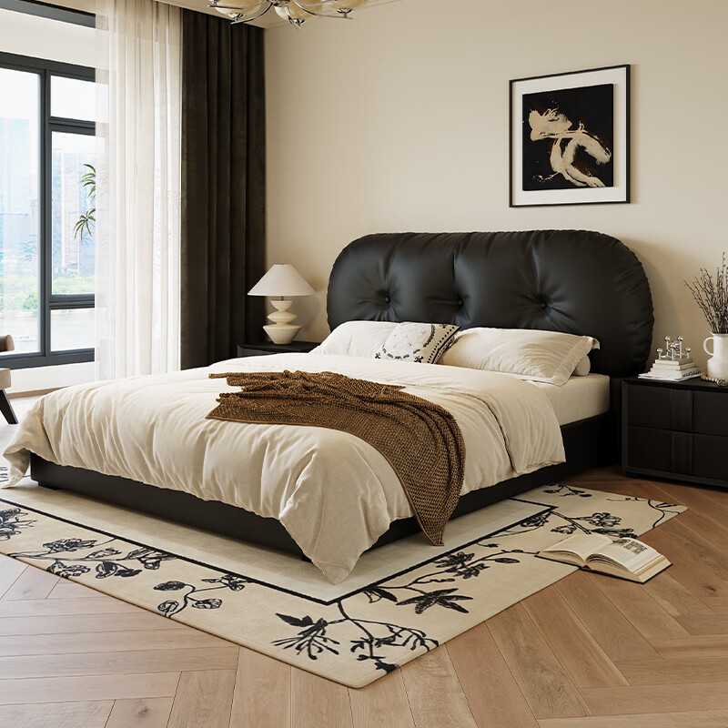 French retro style simple master bedroom side-by-side bed 1.8m x 2m small apartment double bed storage leather bed French leather bed delivered to home 1.5*2.0m frame structure