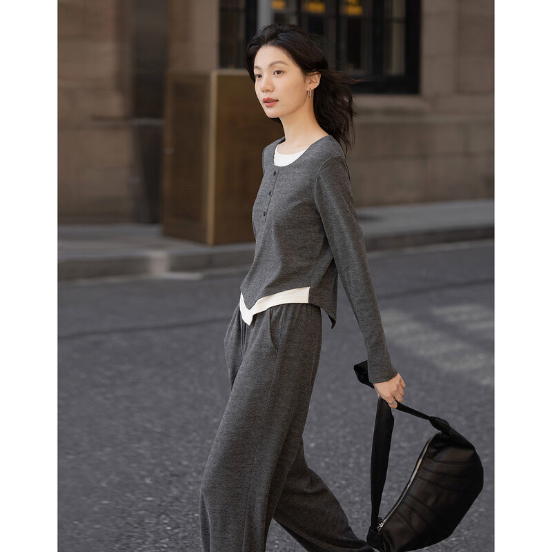 Demana Gray Suit Spring Lazy Long Sleeve Top Elastic Waist Straight Pants Covering Women's Knitted Two-piece Set