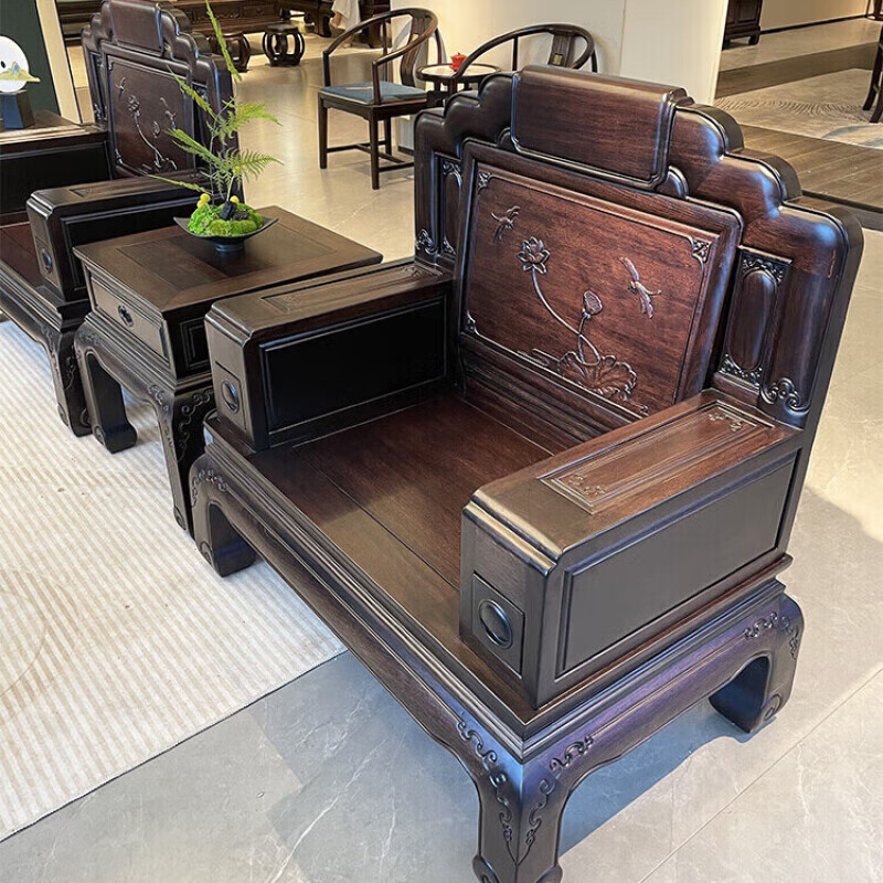 White ideal new Chinese style ebony wood pure log mortise and tenon craftsmanship rural living room furniture full set of log sofa furniture set 1+2+3+long coffee table+square table*2+TV cabinet