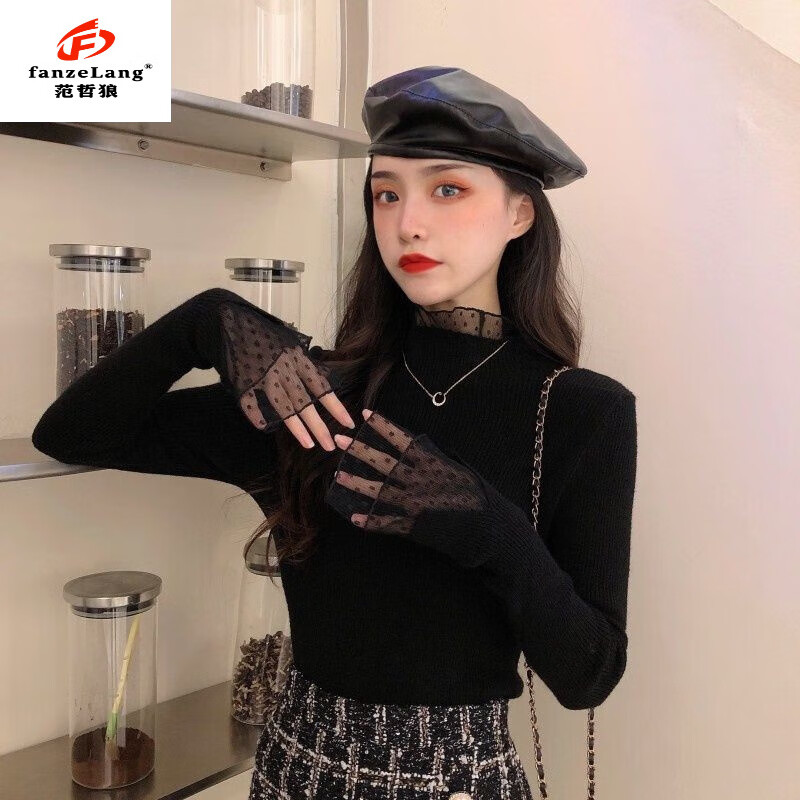 FANZELANG bottoming shirt with autumn and winter lace half-turtleneck sweater for women, winter design, niche, western and fashionable, white picture, thick style M