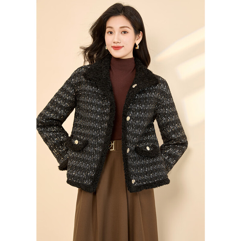 Kebei's double-sided Xiaoxiangfeng woolen coat for women winter new style plus velvet thickened plush short top black M