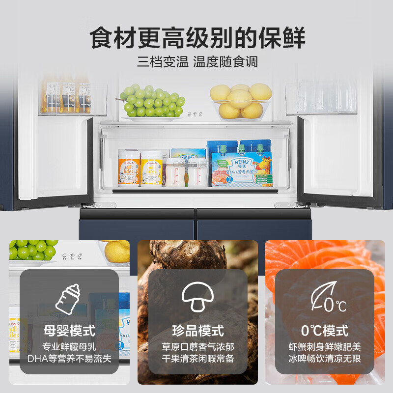 Haier refrigerator four-door cross-double door 406 liters frequency conversion energy-saving new level energy efficiency air-cooled frost-free ultra-thin household fresh pie series refrigerator trade-in subsidy high appearance 406 liters + clean taste and freshness + maternal and child space