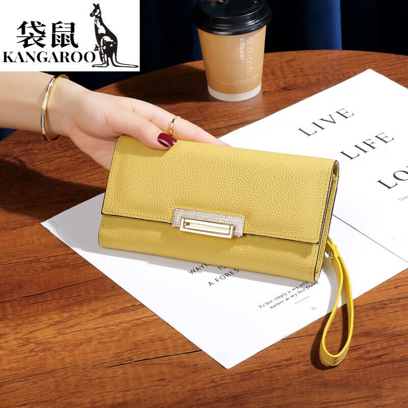 Kangaroo high-grade pure cowhide three-fold large-capacity wallet for women, versatile 2025 spring and summer new style genuine leather hand wallet for mobile phone, yellow - first-layer cowhide (large capacity with wrist strap)