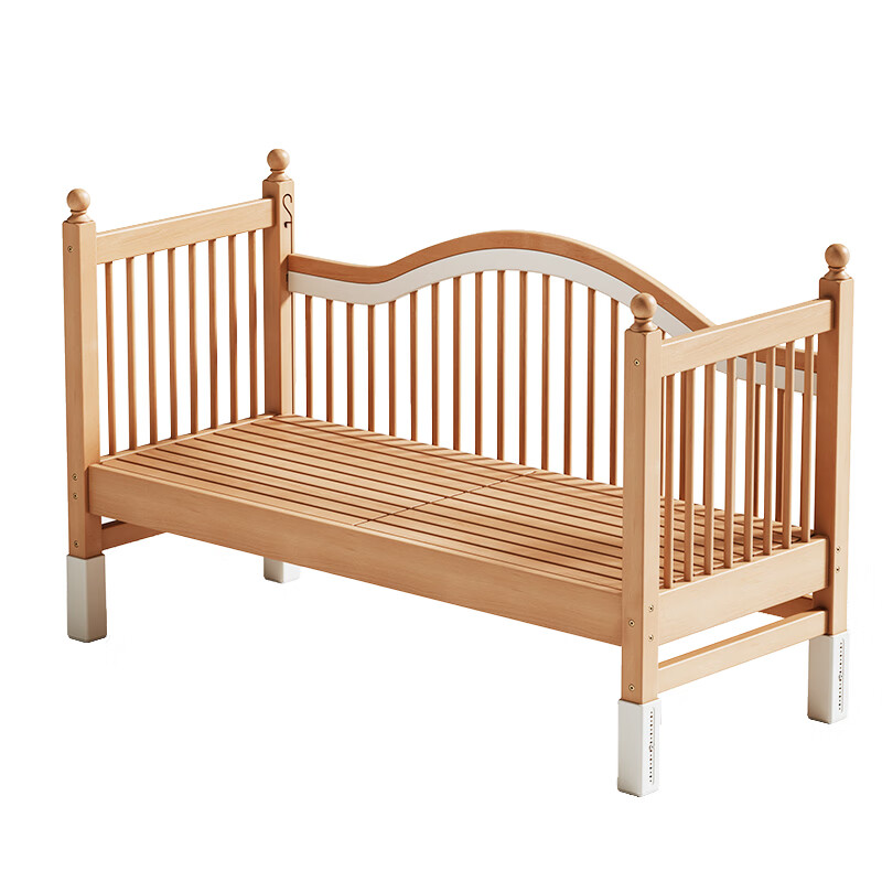 Beech wood spliced bed crib solid wood children's bed widened children's bedside bed with raised guardrails single bed (three side guardrails) + 6cm removable and washable coconut palm mattress 150*60CM side lift all beech