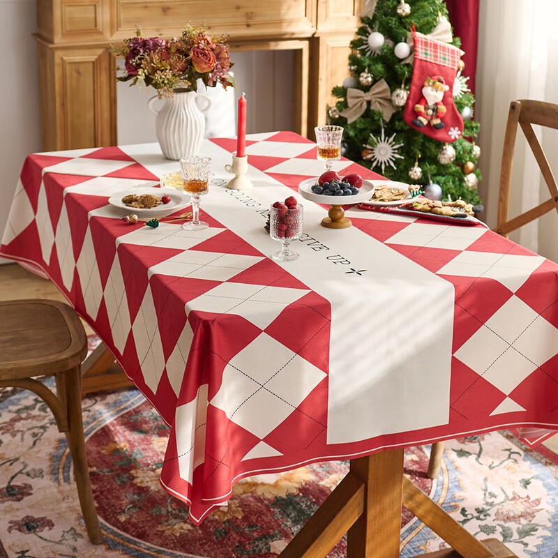 2026 New Year tablecloth red festive tablecloth atmosphere tablecloth plaid cloth Chinese style round table decoration cloth English red 140*200CM dining table
