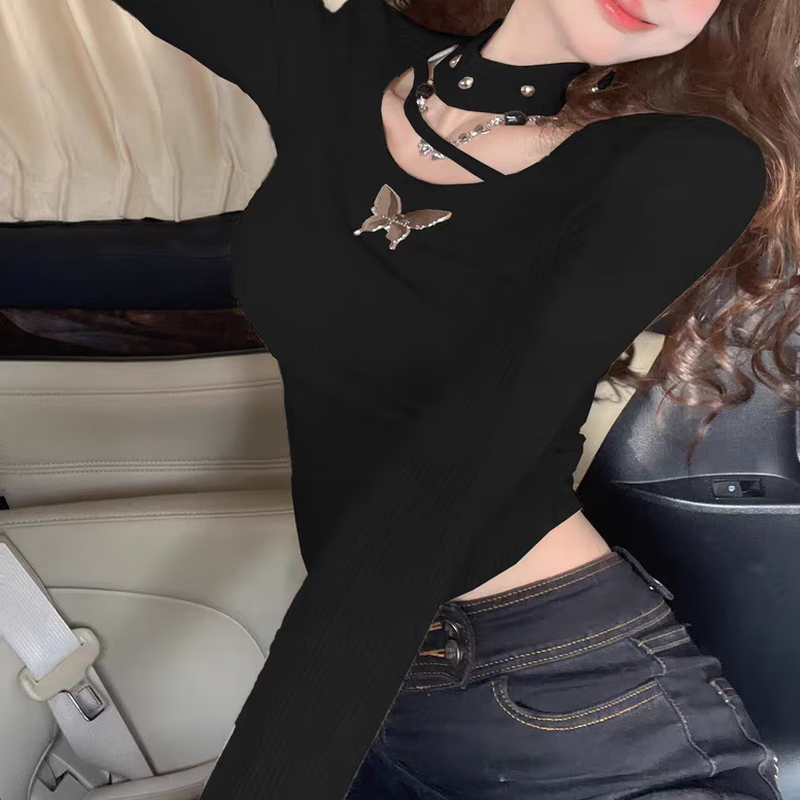 Yi Xin winter bottoming shirt for women, long-sleeved T-shirt to wear as outerwear, high-end knitted sweater 2026 new style for small people, slimming, black, metal butterfly, irregular long sleeves, M. Recommended weight is about 80-100 kilograms