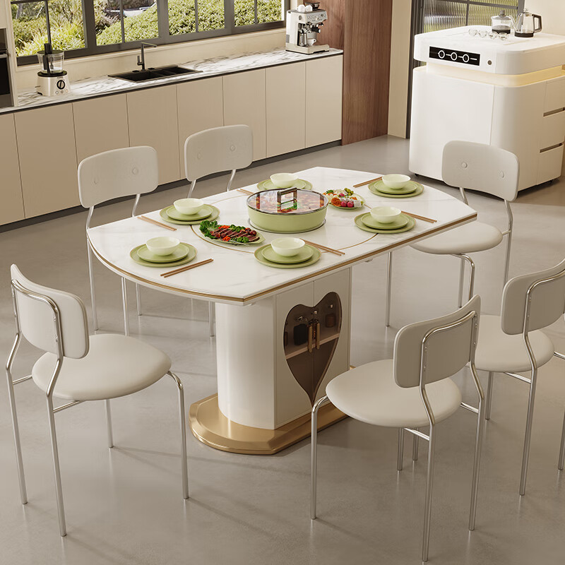 Yishengyuan slate island table dining table integrated household separated guide table modern light luxury with induction cooker turntable telescopic round table 1.35 meters dining table + telescopic island table