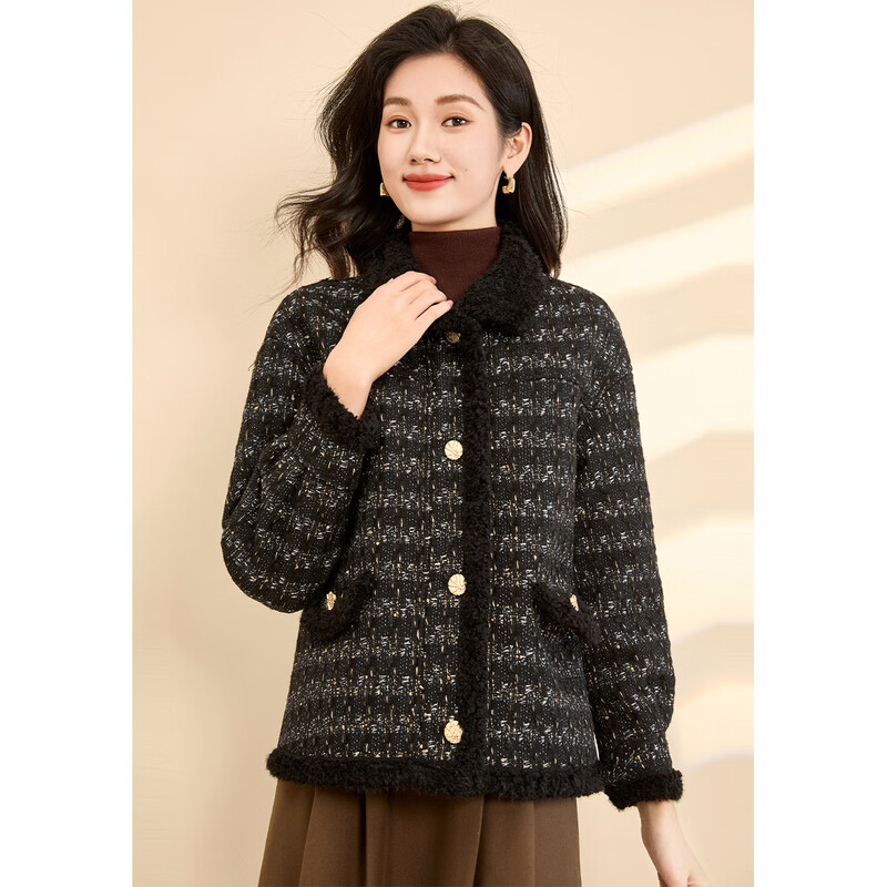 Kebei's double-sided Xiaoxiangfeng woolen coat for women winter new style plus velvet thickened plush short top black M