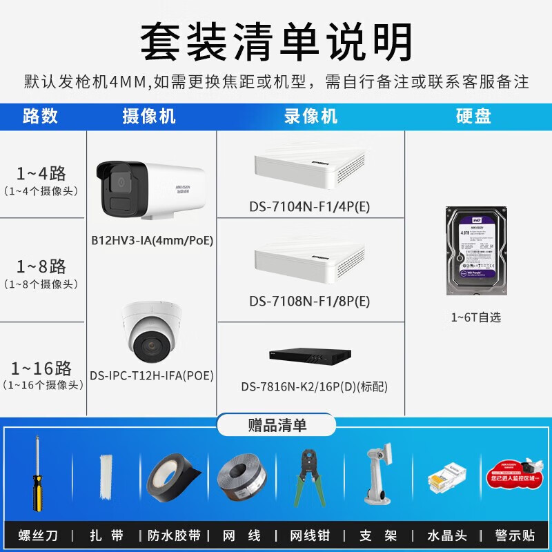 Hikvision Surveillance Suite Surveillance Camera Outdoor and Indoor White Light Full Color HD Voice Pickup POE Network Cable Power Supply Small and Medium Scenario Solution App 1-way Surveillance Suite + Host with 2TB Hard Drive + Pay-to-Door Installation