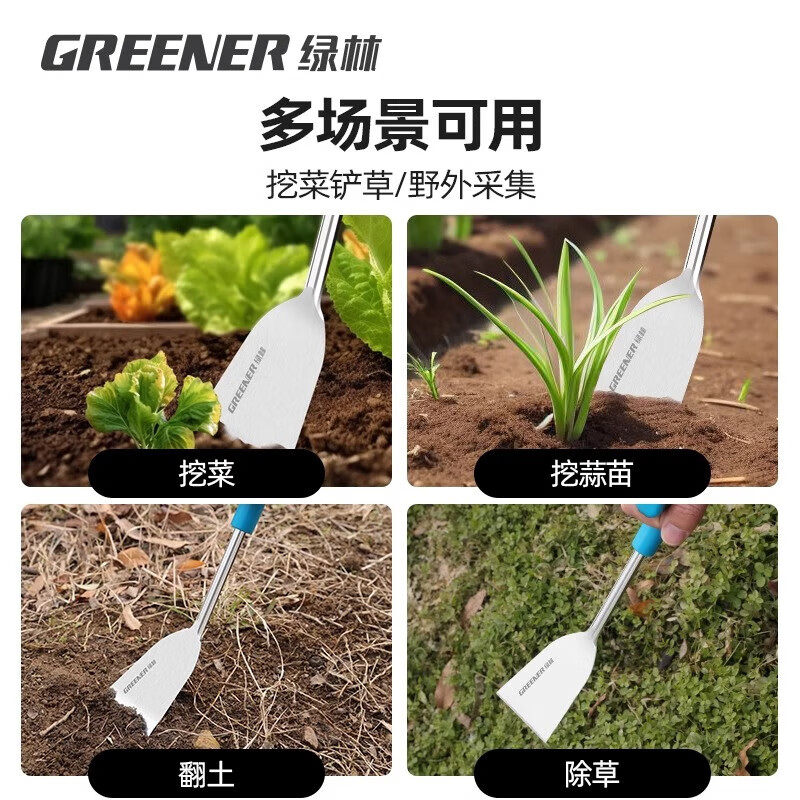 GREENER's artifact for digging wild vegetables and garlic seedlings, household digging, seedling raising and weeding, outdoor gardening shovel, stainless steel weeding tool, double