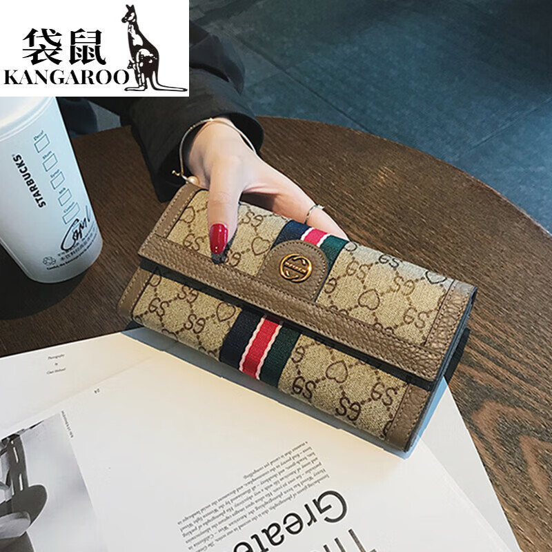 Kangaroo (KANGAROO) luxury (chi) long hand wallet women's soft cowhide large capacity wallet for mobile phone multi-function card holder trendy gray
