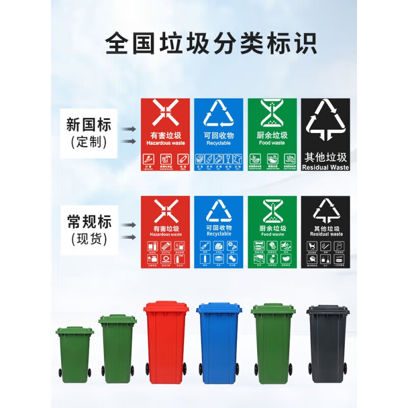 Refresh love four-color garbage classification trash can commercial large-sized covered residential area outdoor large-capacity pedal school sanitation box 240 liters outdoor bucket/disposal standard default green