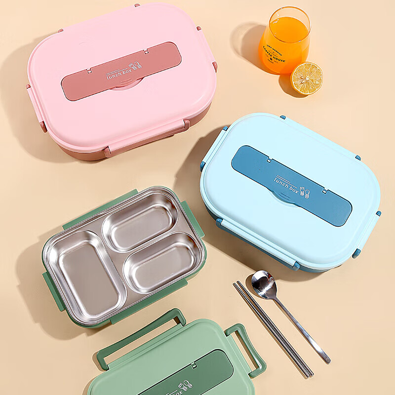 Food-grade stainless steel insulated lunch box with lid, plate, canteen, student compartment, office worker, portable 304 stainless steel lunch box, random color, 1 layer