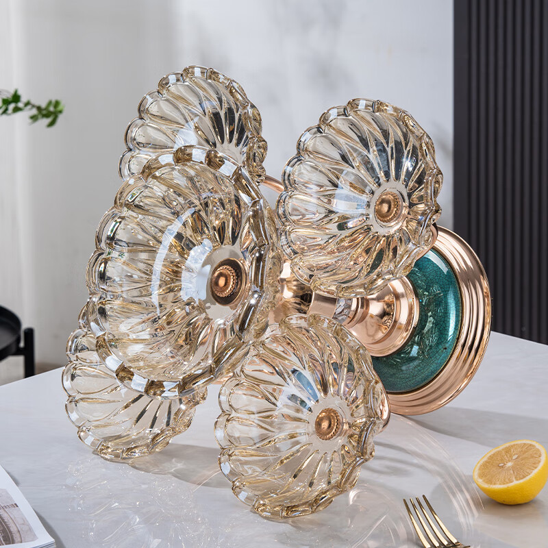Flower Language Four Seasons European Crystal Glass Multi-layer Rotating Fruit Plate Modern Home Living Room Coffee Table Luxurious Snack Candy Plate Ornaments Five-Connect Plate Ceramic Base Rotatable