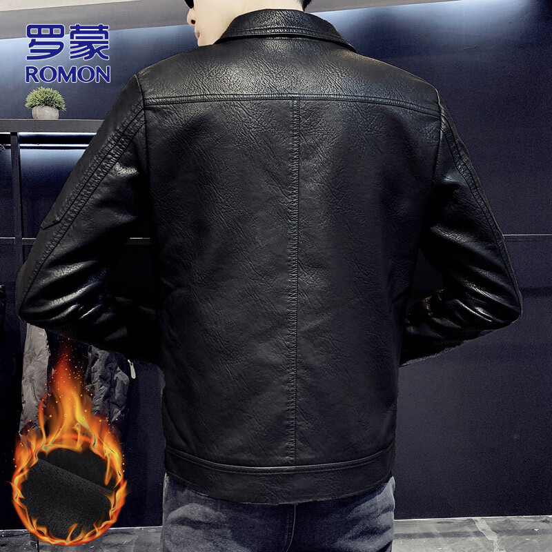 ROMON Leather Men's Jacket Men's Autumn and Winter Casual Jacket Men's Versatile Trendy Top Men's Black Velvet L