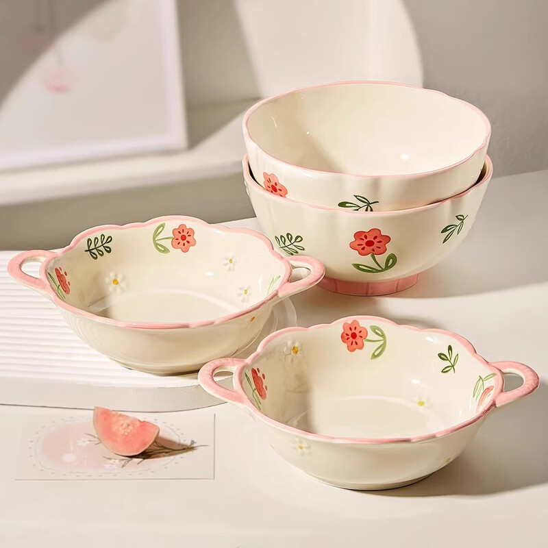 Persson's high-looking double-eared noodle soup bowl with underglaze color, personal special snail powder ceramic salad bowl for home use 2025 new 9.5-inch double-eared soup bowl