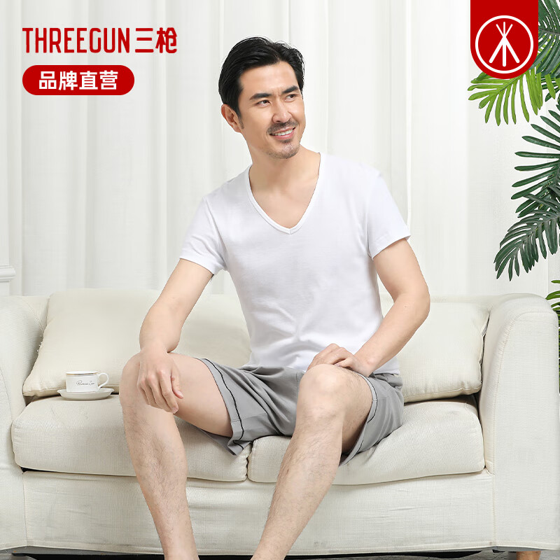 Sangun 2-pack men's T-shirt pure cotton thin short-sleeved white breathable bottoming shirt V-neck ribbed old man's sweatshirt V-neck T-shirt gray + gray XL (175)