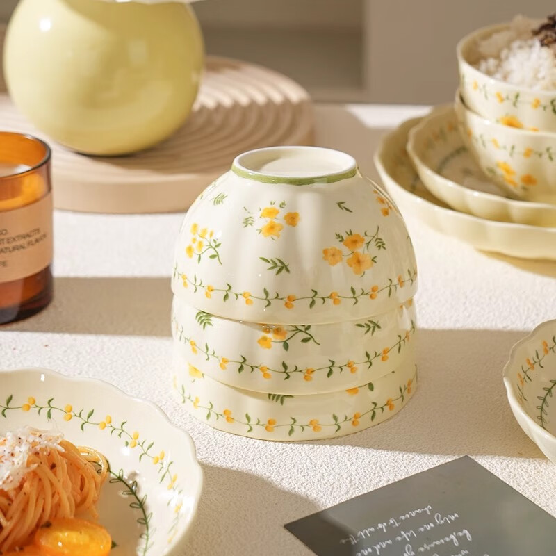 Persson Small Fresh Underglaze Colored Bowl Set Ceramic Bowls and Tableware Especially Beautiful Ceramic Rice Bowls and Dish Plates 4.5-inch Lotus Bowl 4 Pack