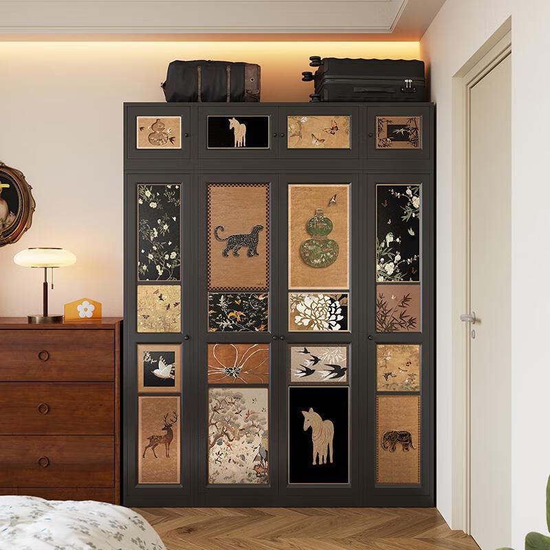 MEISD Mid-century style carbon steel wardrobe cabinet for home bedroom stainless aluminum metal wrought iron leather combination small apartment design 2Mx1.0Mx0.55M double door