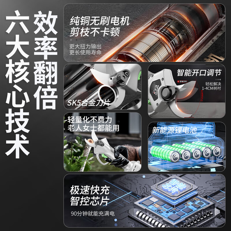 Orade brushless gardening lithium-ion rechargeable electric shears for pruning branches, pruning shears, fruit tree shears