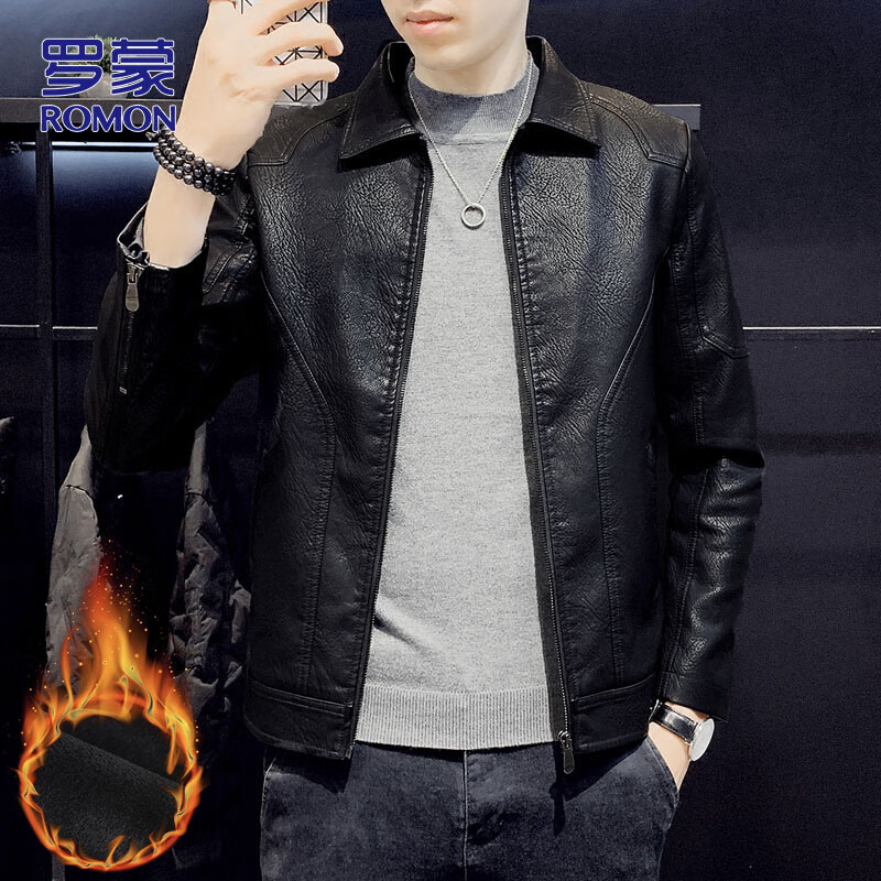 ROMON Leather Men's Jacket Men's Autumn and Winter Casual Jacket Men's Versatile Trendy Top Men's Black Velvet L