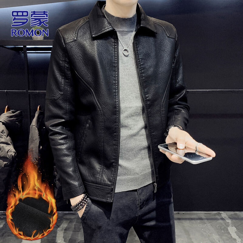 ROMON Leather Men's Jacket Men's Autumn and Winter Casual Jacket Men's Versatile Trendy Top Men's Black Velvet L