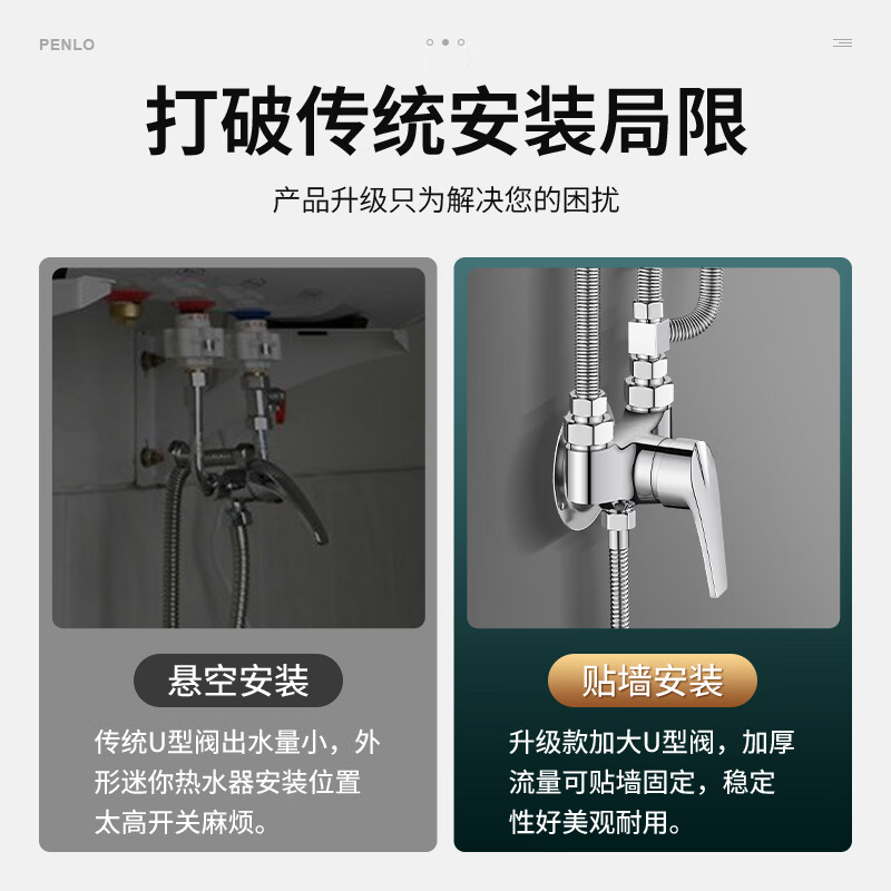 Panluo electric water heater U-shaped mixing valve exposed hot and cold shower faucet mixing valve simple shower head set Mixing valve + water distributor + 40cm explosion-proof pipe * 2 All copper material | 20-year warranty