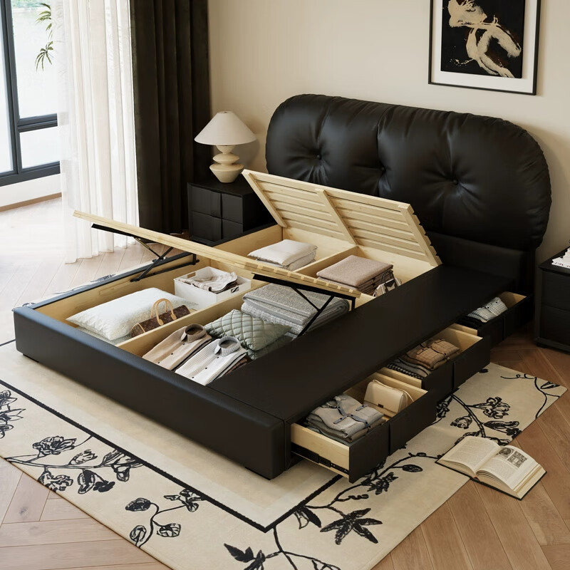 French retro style simple master bedroom side-by-side bed 1.8m x 2m small apartment double bed storage leather bed French leather bed delivered to home 1.5*2.0m frame structure