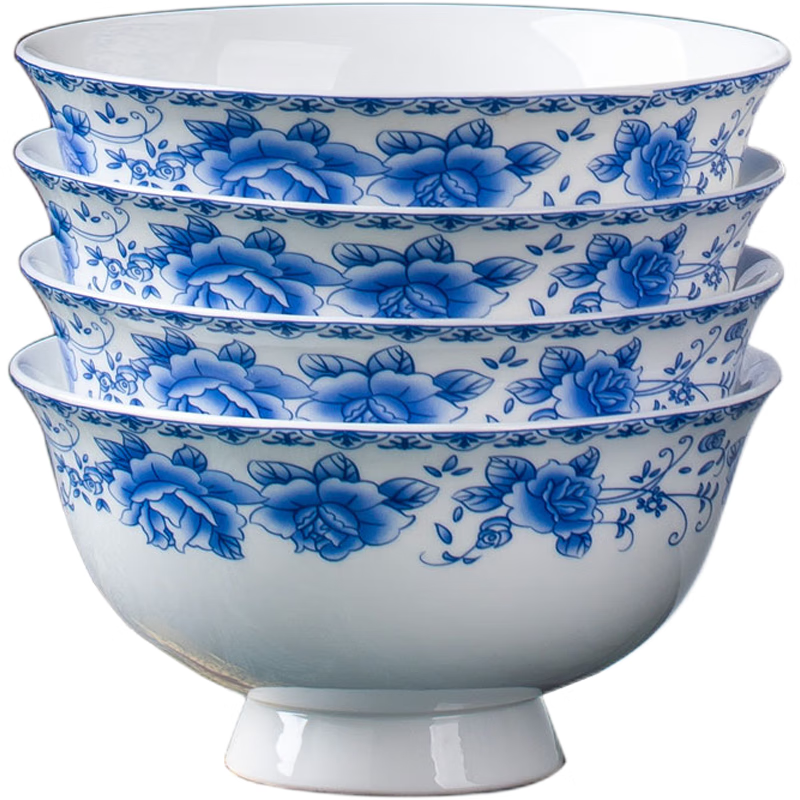LZJV Jingdezhen oil-free ceramic tableware, high-value Chinese-style high-temperature blue and white porcelain household bone china noodle bowl and plate set 4.5-inch rice bowl 10 pieces