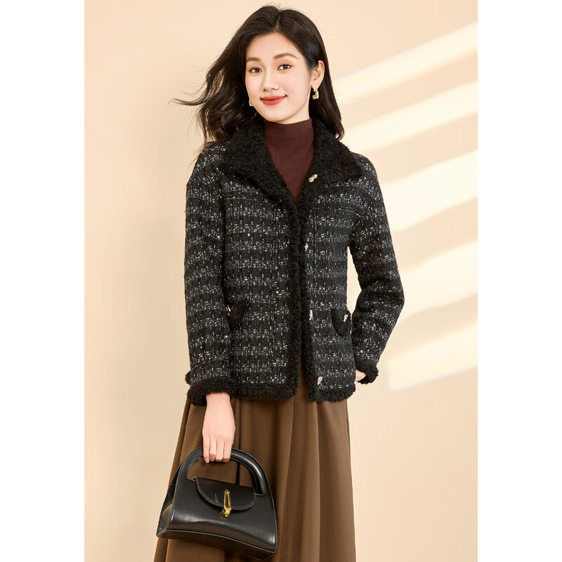 Kebei's double-sided Xiaoxiangfeng woolen coat for women winter new style plus velvet thickened plush short top black M