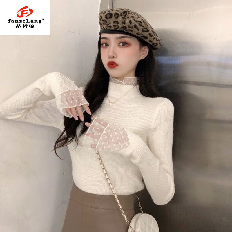 FANZELANG bottoming shirt with autumn and winter lace half-turtleneck sweater for women, winter design, niche, western and fashionable, white picture, thick style M