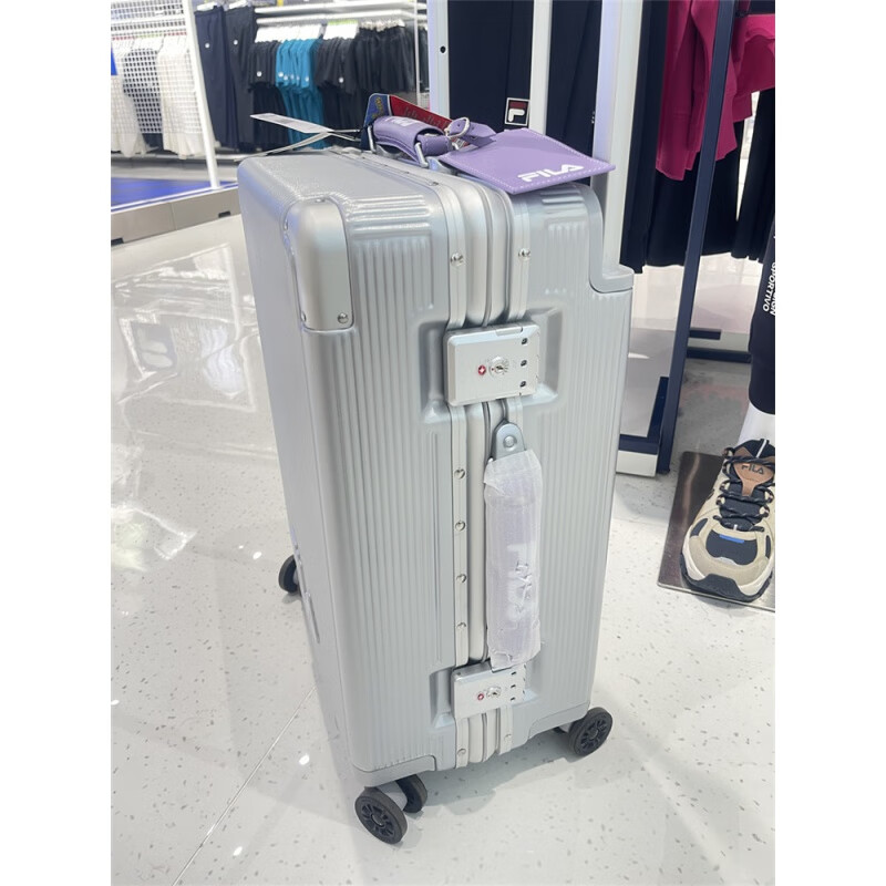 FILA suitcase, suitcase, large capacity, small trolley case, universal wheel, aluminum frame, coded leather case, white, same-day delivery, 24 inches